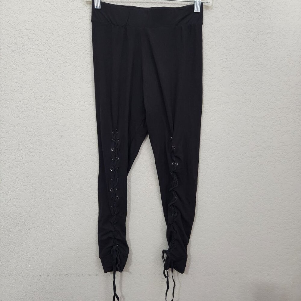 Black Lace-Up Leggings With Adjustable Drawstring Detail Stretch Waistband And S